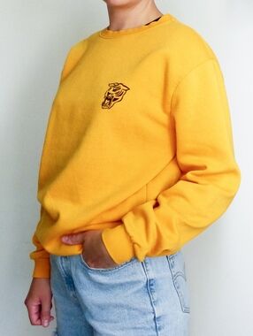 Yellow Crewneck Sweatshirt with Tiger Linocut Print